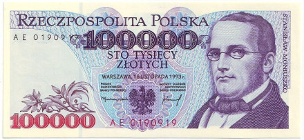 Банкнота 100000 злотых. 1993 год, Польша. Станислав Монюшко.