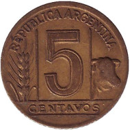 Монета 5 сентаво. 1943 год, Аргентина. Монета 5 сентаво. 1943 год, Аргентина.