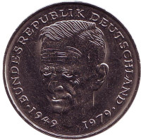 Курт Шумахер. Монета 2 марки. 1980 год (F), ФРГ. UNC.