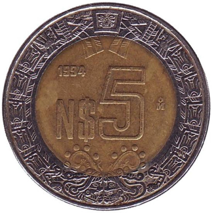 Монета 5 новых песо. 1994 год, Мексика.