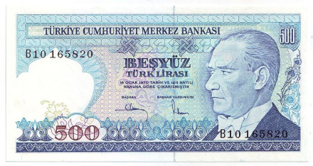 Банкнота 500 лир. 1970 (1984-2002 гг.), Турция. Тип 1.