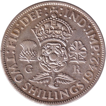 Монета 2 шиллинга. 1942 год, Великобритания.