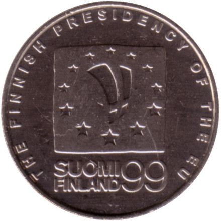 Жетон годового набора монет Финляндии 1999 года. Председательство Финляндии в ЕС.