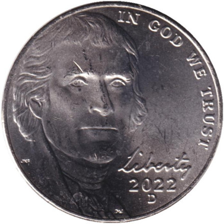 Монета 5 центов. 2022 год (D), США. Джефферсон. Монтичелло.