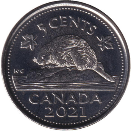 Монета 5 центов, 2021 год, Канада. Бобр.