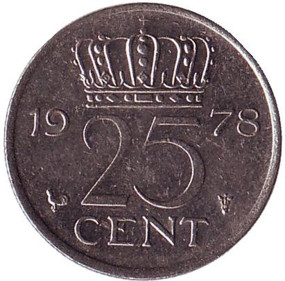 Монета 25 центов. 1978 год, Нидерланды.
