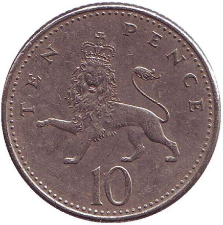 Монета 10 пенсов. 1992 год, Великобритания. Лев.