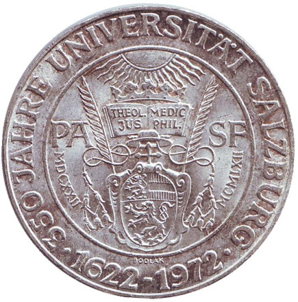 Монета 50 шиллингов. 1972 год, Австрия. 350 лет Зальцбургскому университету.