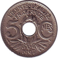 Монета 5 сантимов. 1917 год, Франция. (Новый тип: Отверстие в центре)