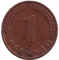 Дубовые листья. Монета 1 пфенниг. 1969 год (F), ФРГ.