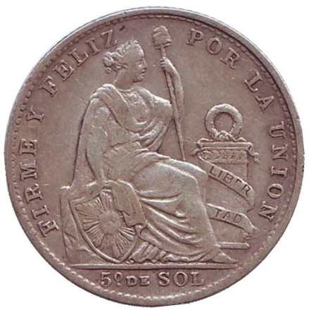 Монета 1/5 соля. 1907 год, Перу. (J.F.)