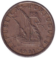 Парусный корабль. Монета 5 эскудо. 1981 год, Португалия.