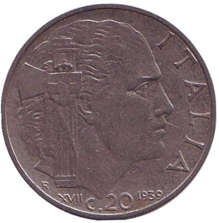 Монета 20 чентезимо. 1939 год, Италия. (XVII) Виктор Эммануил III.