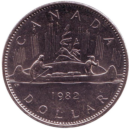 Монета 1 доллар. 1982 год, Канада. Из обращения. Индейцы в каноэ.