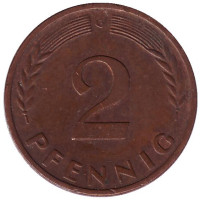 Дубовые листья. Монета 2 пфеннига. 1963 год (G), ФРГ.