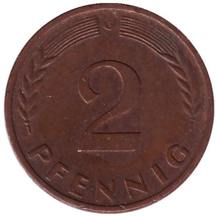 Монета 2 пфеннига. 1963 год (G), ФРГ. Дубовые листья.