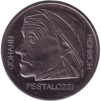 150 лет со дня смерти Иоганна Генриха Песталоцци. Монета 5 франков. 1977 год, Швейцария.