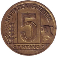 Монета 5 сентаво. 1944 год, Аргентина. Монета 5 сентаво. 1944 год, Аргентина.