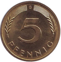 Дубовые листья. Монета 5 пфеннигов. 1980 год (G), ФРГ. UNC.