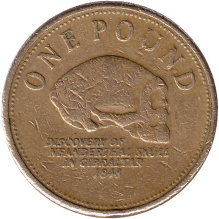 Монета 1 фунт. 2007 год, Гибралтар. Находка черепа неандертальца на Гибралтаре.