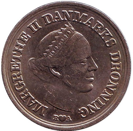 Монета 10 крон. 1986 год, Дания. 18 лет со дня рождения Кронпринца Фредерика. Монета 10 крон. 1986 год, Дания. 18 лет со дня рождения Кронпринца Фредерика.