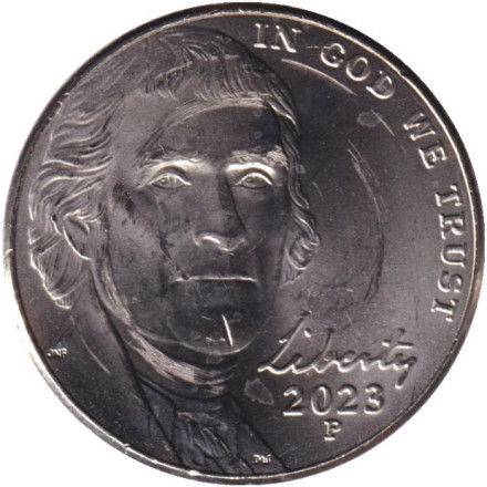 Монета 5 центов. 2023 год (P), США. Джефферсон. Монтичелло.