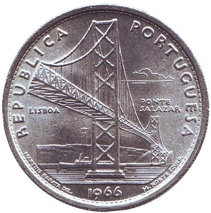 Монета 20 эскудо, 1966 год, Португалия. Открытие моста Антониу Салазара.