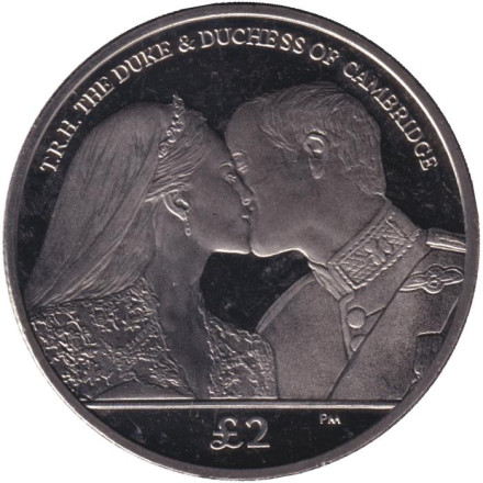 Монета 2 фунта. 2012 год, Южная Георгия и Южные Сандвичевы острова. Первая годовщина свадьбы Принца Уильяма и Кэтрин Миддлтон.