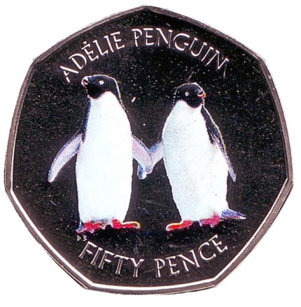 Монета 50 пенсов. 2019 год, Британская антарктическая территория. Пингвин Адели.