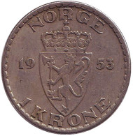 Монета 1 крона. 1953 год, Норвегия. Монета 1 крона. 1953 год, Норвегия.