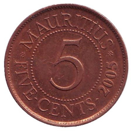 Монета 5 центов, 2005 год, Маврикий.