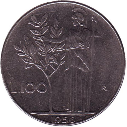 Монета 100 лир. 1956 год, Италия. Богиня мудрости Минерва рядом с оливковым деревом.