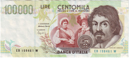 Банкнота 100000 лир. 1994 год, Италия. Караваджо.