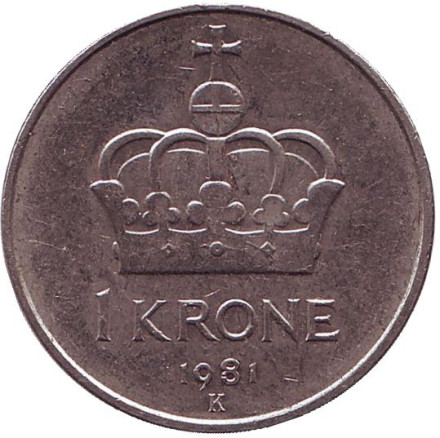 Монета 1 крона. 1981 год, Норвегия. Корона.