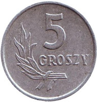 Монета 5 грошей. 1971 год, Польша.