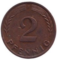 Дубовые листья. Монета 2 пфеннига. 1959 год (F), ФРГ.