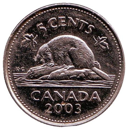 Монета 5 центов, 2003 год, Канада. (Старый профиль Елизаветы II) Бобр.