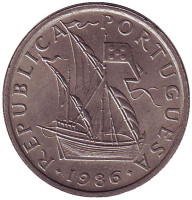 Парусный корабль. Монета 5 эскудо. 1986 год, Португалия.