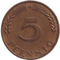 Дубовые листья. Монета 5 пфеннигов. 1966 год (D), ФРГ.