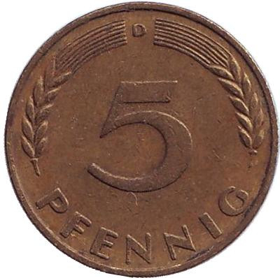 Монета 5 пфеннигов. 1966 год (D), ФРГ. Дубовые листья.