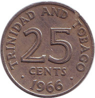 Монета 25 центов. 1966 год, Тринидад и Тобаго. Монета 25 центов. 1966 год, Тринидад и Тобаго.