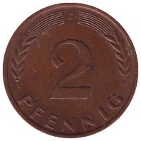 Дубовые листья. Монета 2 пфеннига. 1966 год (D), ФРГ.