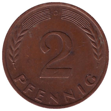 Монета 2 пфеннига. 1966 год (D), ФРГ. Дубовые листья.