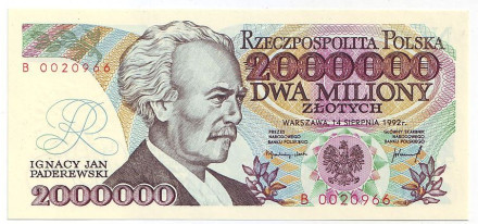 Банкнота 2000000 злотых. 1992 год, Польша. Игнаций Ян Падеревский.