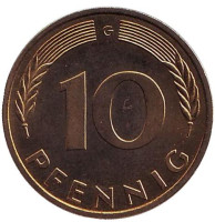 Дубовые листья. Монета 10 пфеннигов. 1980 год (G), ФРГ. UNC.