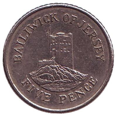 Монета 5 пенсов, 1991 год, Джерси. Башня Сеймура в Гровилле.