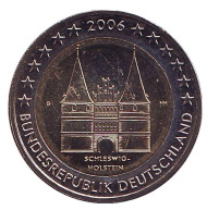 Монета 2 евро, 2006 год, Германия. Монетный двор G. Федеральные земли Германии - Голштинские ворота в Любеке, Шлезвиг-Гольштейн. Монета 2 евро, 2006 год, Германия. Монетный двор G. Федеральные земли Германии - Голштинские ворота в Любеке, Шлезвиг-Гольштейн.