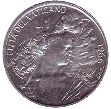 Монета 1 лира. 1966 год, Ватикан. Шепард с овцой на плечах. Папа Павел VI.