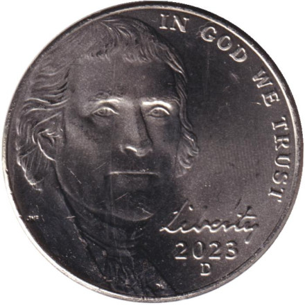 Монета 5 центов. 2023 год (D), США. Джефферсон. Монтичелло.