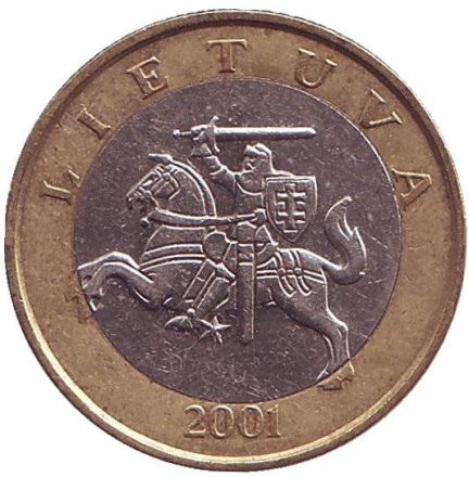 Монета 2 лита. 2001 год, Литва. Из обращения. Рыцарь.